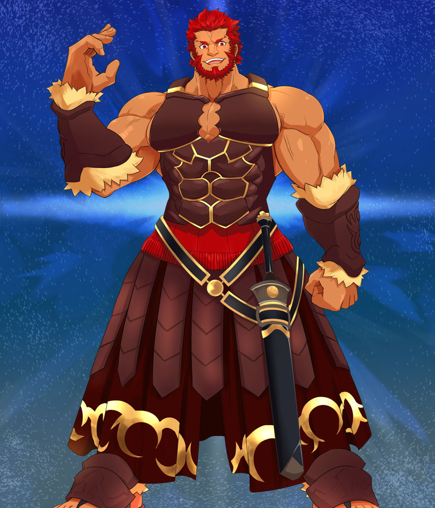 1boy armor armored_skirt bara beard belt biceps blue_background chest_armor chest_belt chest_plate dust facial_hair fate/grand_order fate_(series) frown gauntlets gladius hand_up iskandar_(fate) large_pectorals long_skirt male_focus mature_male mikura0317 muscular muscular_male open_mouth pectoral_cleavage pectorals red_eyes red_hair sandals scabbard sheath sidepec skirt smile solo spiked_hair sword tan teeth thick_arms thick_eyebrows tongue veins veiny_arms weapon