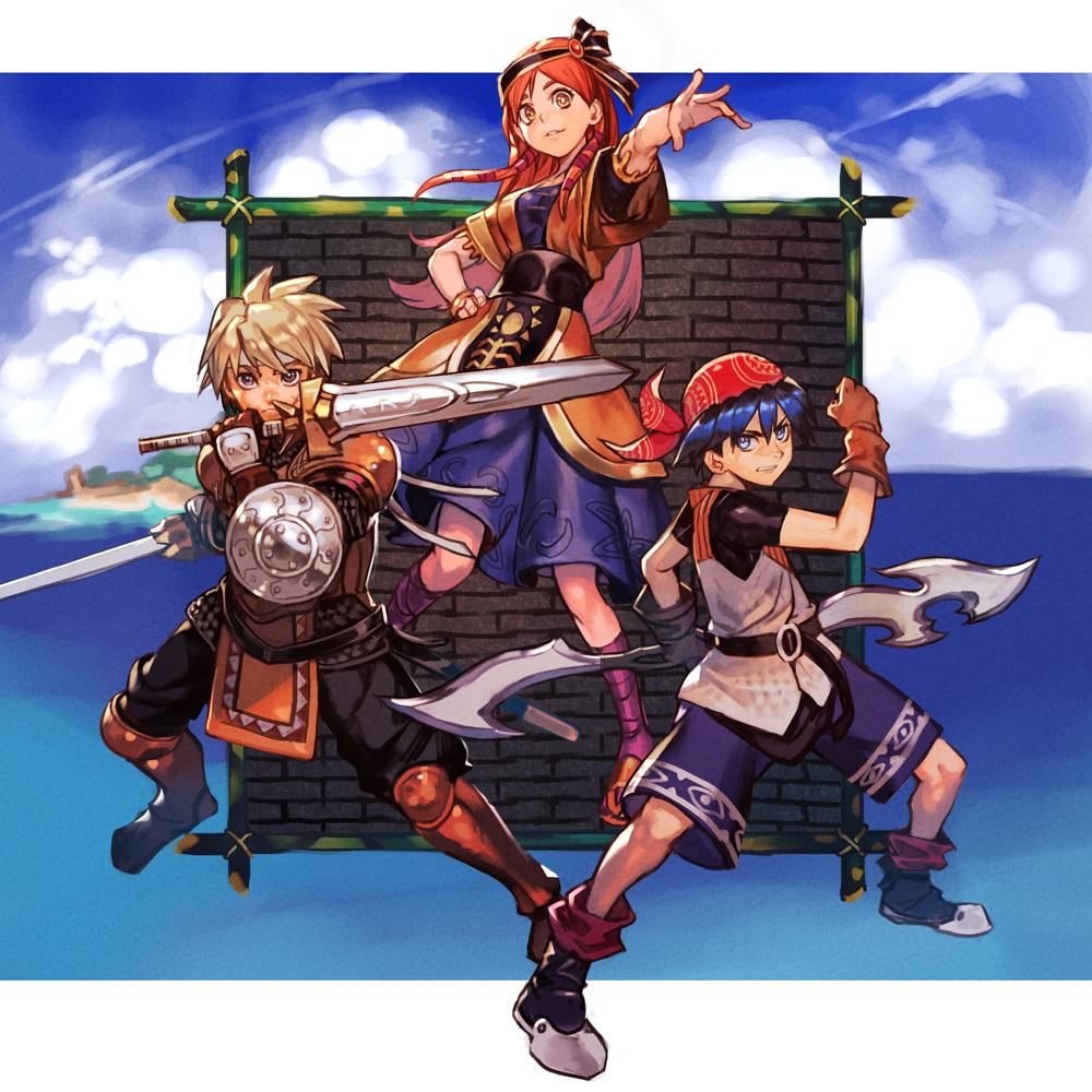 1girl 2boys armor bandana belt blonde_hair blue_eyes blue_hair boots breasts brick_wall buckler chrono_cross clenched_hand cloud double-blade dress dual_wielding glenn gloves green_eyes grey_eyes hair_ribbon hairband hand_on_hip holding hungry_clicker island long_hair looking_at_viewer medium_breasts multiple_boys ocean orange_hair outstretched_arm purple_legwear red_headwear rena_(chrono_cross) ribbon scar serge shield short_hair shorts sky steel-toe_boots sword weapon