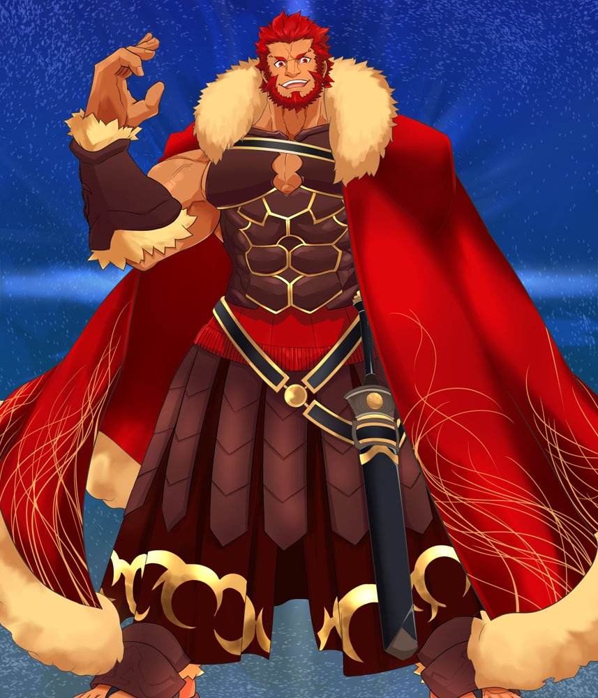 1boy armor armored_skirt bara beard belt biceps blue_background cape chest_armor chest_belt chest_plate dust facial_hair fate/grand_order fate_(series) frown gauntlets gladius hand_up iskandar_(fate) large_pectorals long_skirt male_focus mature_male mikura0317 muscular muscular_male open_mouth pectoral_cleavage pectorals red_eyes red_hair sandals scabbard sheath skirt smile solo spiked_hair sword tan teeth thick_arms thick_eyebrows tongue veins veiny_arms weapon