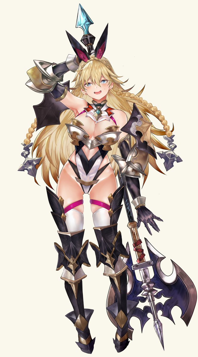 1girl animal_ears aqua_eyes arm_at_side arm_behind_head armor armored_boots ass_visible_through_thighs axe bangs battle_axe beige_background blonde_hair boots braid breasts cleavage_cutout clothing_cutout halterneck highleg highleg_leotard highres holding holding_axe holding_weapon large_breasts leotard long_hair official_art open_mouth rabbit_ears rise_of_girls simple_background solo standing thigh_boots thighhighs tokopi weapon