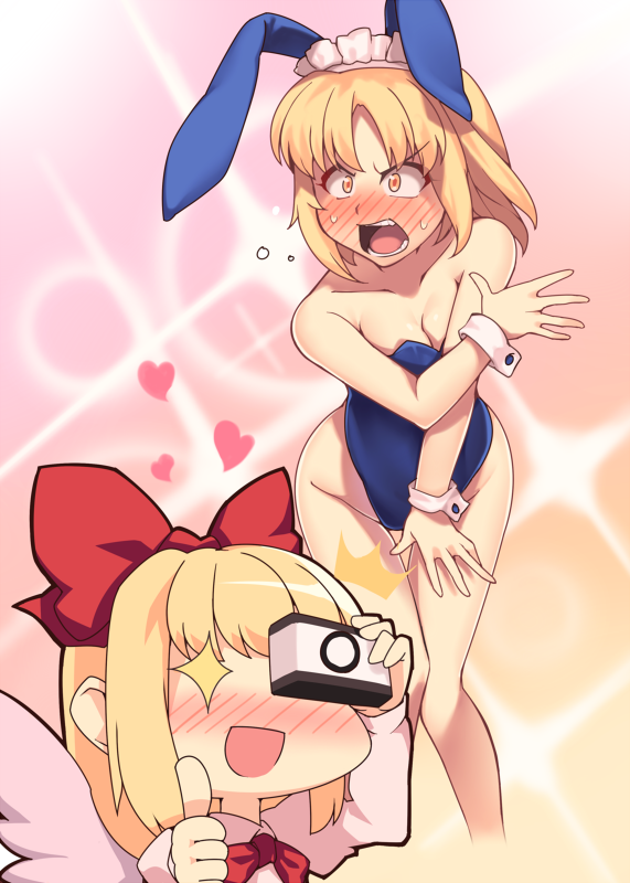 2girls alternate_costume angel_wings angry animal_ears blonde_hair blush bow bowtie breasts camera chibi cleavage collarbone collared_dress commentary_request constricted_pupils covering covering_breasts covering_crotch cropped_legs dress embarrassed fake_animal_ears feathered_wings female_pervert gengetsu_(touhou) hair_bow heart holding holding_camera juliet_sleeves kaiza_(rider000) leotard long_sleeves maid_headdress medium_breasts mugetsu_(touhou) multicolored_background multiple_girls nose_blush open_mouth pervert pink_dress playboy_bunny puffy_sleeves rabbit_ears red_bow red_bowtie short_hair shouting siblings sisters sparkle sparkling_eyes standing strapless strapless_leotard sweatdrop taking_picture thumbs_up touhou touhou_(pc-98) v-shaped_eyebrows white_wings wings wrist_cuffs yellow_eyes