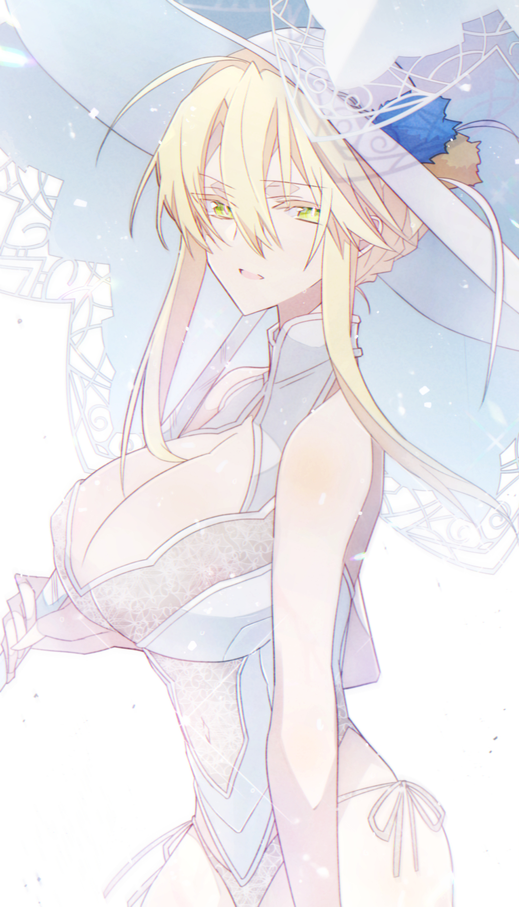 1girl artoria_pendragon_(fate) artoria_pendragon_(lancer)_(fate) artoria_pendragon_(swimsuit_ruler)_(fate) bangs blonde_hair breasts cleavage commentary_request eyebrows_visible_through_hair eyelashes eyes_visible_through_hair fate/grand_order fate_(series) green_eyes hair_between_eyes hair_ornament highres huge_breasts large_breasts long_hair looking_at_viewer nogi_(acclima) parasol solo swimsuit umbrella
