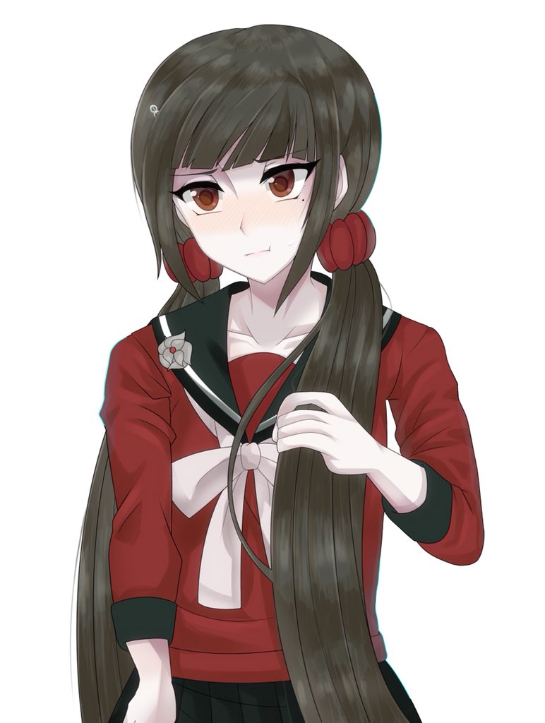 1girl bangs black_sailor_collar black_skirt bow bowtie brown_hair cowboy_shot danganronpa_(series) danganronpa_v3:_killing_harmony grey_background grey_bow grey_bowtie hair_ornament hair_scrunchie hand_up harukawa_maki holding holding_hair long_hair mole mole_under_eye pleated_skirt pout raimone_(nekokirinv3) red_eyes red_scrunchie red_shirt sailor_collar scrunchie shirt simple_background skirt solo twintails