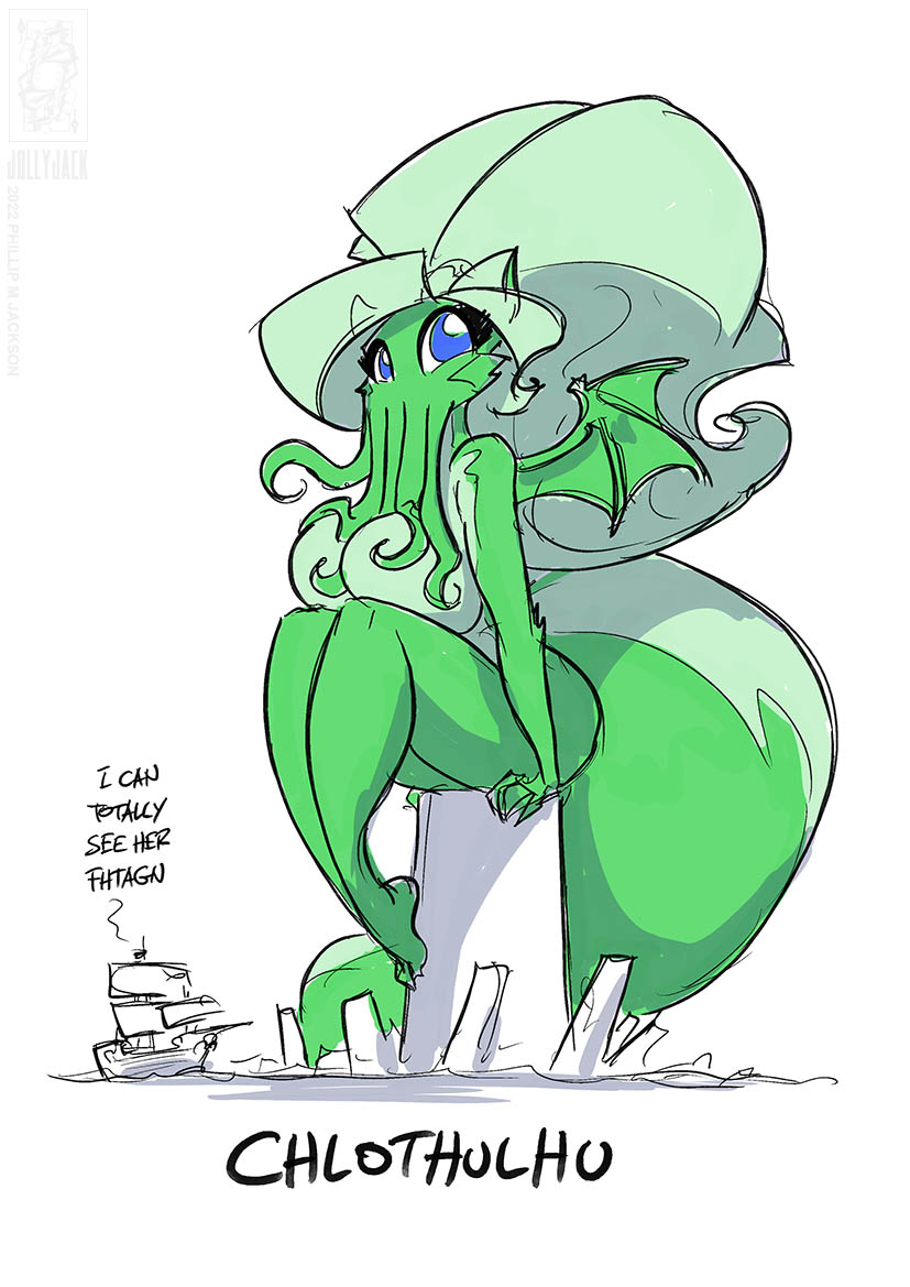 2022 anthro big_breasts blue_eyes breasts chloe_sinclaire conditional_dnp cthulhu cthulhu_mythos eldritch_abomination english_text female fur green_body green_fur green_hair h.p._lovecraft hair hybrid jollyjack mammal membrane_(anatomy) membranous_wings mephitid sailing_ship sailing_watercraft sea ship simple_background skunk solo tentacles text vehicle water watercraft white_background wings