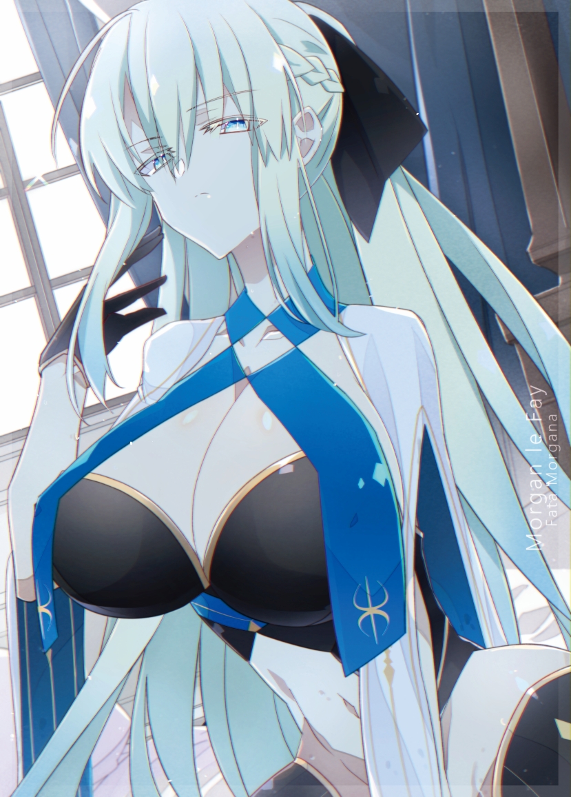 1girl bangs blonde_hair blue_eyes breasts cleavage commentary_request eyebrows_visible_through_hair eyelashes eyes_visible_through_hair fate/grand_order fate_(series) gloves hair_between_eyes hair_ribbon large_breasts long_hair looking_at_viewer morgan_le_fay_(fate) nogi_(acclima) ribbon sitting solo