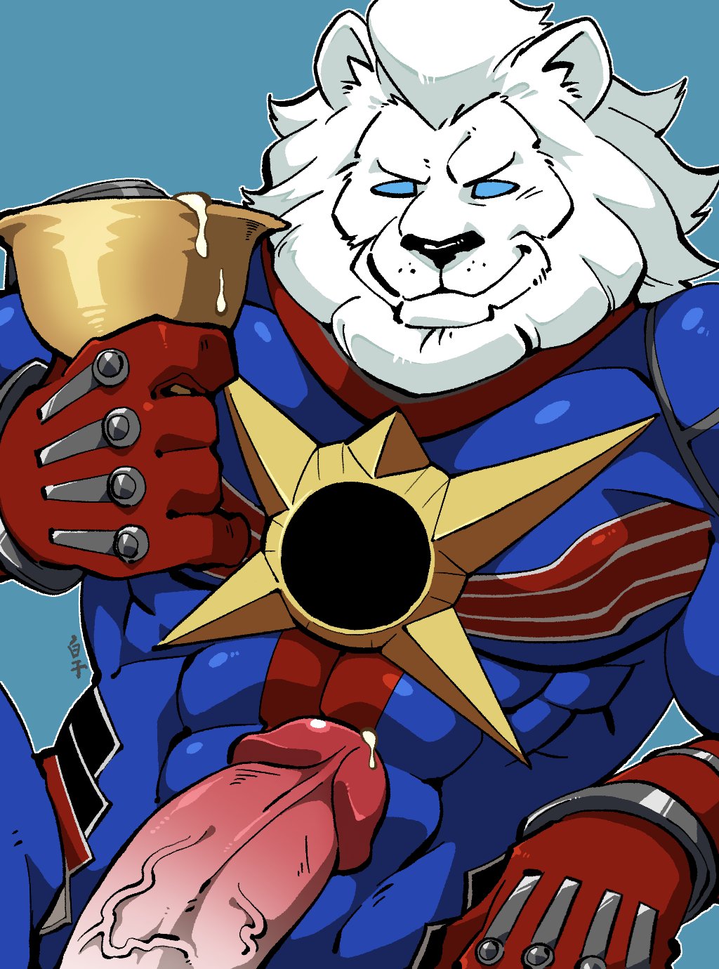 1boy bara beard bodysuit cowboy_shot cum erection facial_hair fate/grand_order fate_(series) furry furry_male gloves highres holy_grail_(fate) kirupi large_pectorals large_penis lion lion_boy looking_at_viewer male_focus mature_male muscular muscular_male pectorals penis precum short_hair simple_background skin_tight smile solo thomas_edison_(fate) tight uncensored white_hair