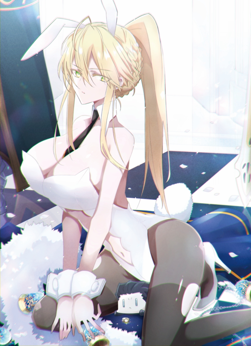 1boy 1girl agravain_(fate) animal_ears artoria_pendragon_(fate) artoria_pendragon_(lancer)_(fate) bangs black_hair blonde_hair breasts cleavage commentary_request eyebrows_visible_through_hair eyelashes eyes_visible_through_hair fate/grand_order fate_(series) green_eyes hair_between_eyes hair_ornament highres huge_breasts large_breasts long_hair looking_at_viewer necktie nogi_(acclima) playboy_bunny rabbit_ears solo