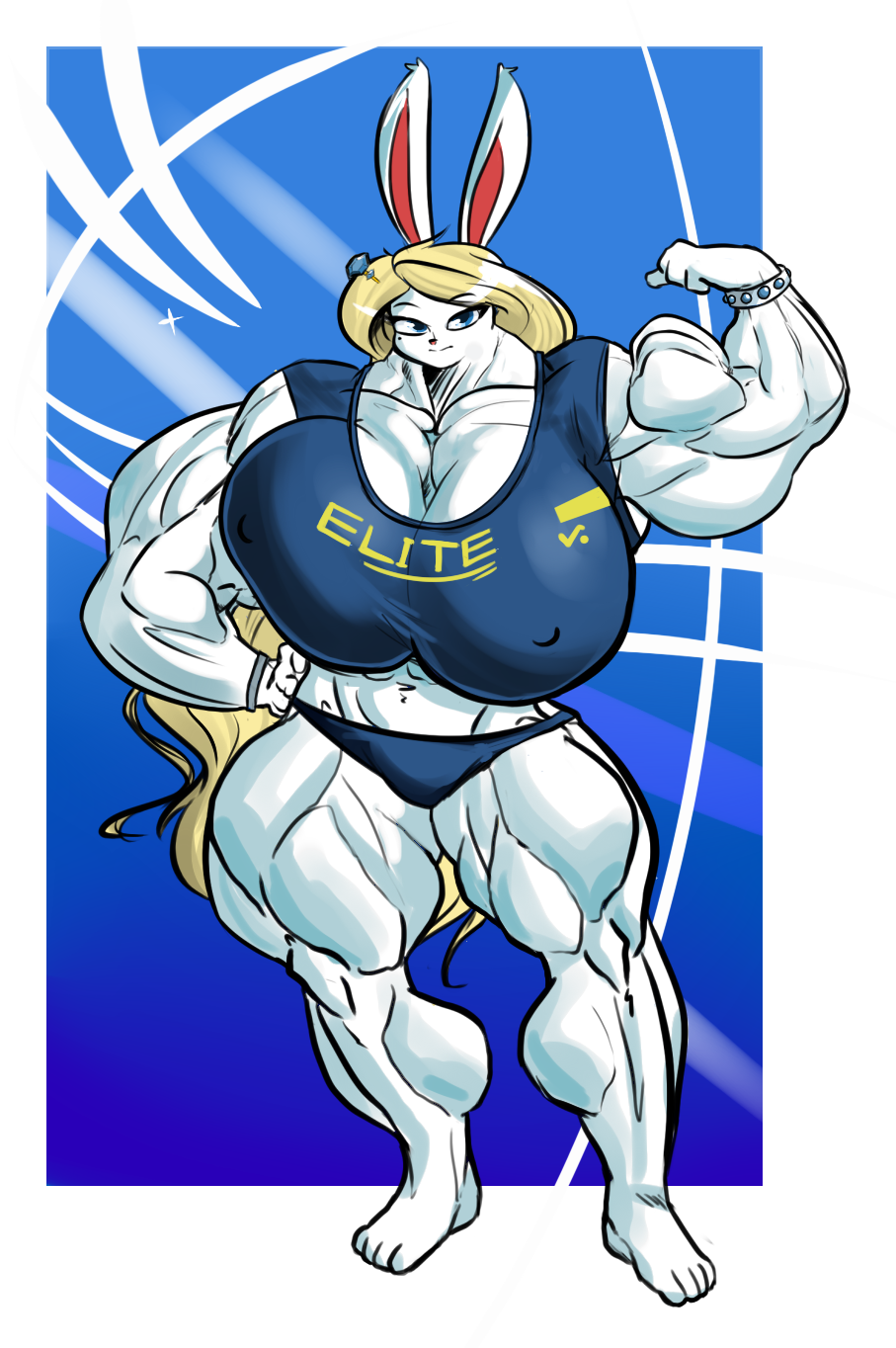 anthro biceps big_breasts big_muscles blonde_hair blue_eyes breasts clothed clothing digital_media_(artwork) doctorplaid female flexing fur hair hi_res huge_breasts huge_muscles hyper hyper_breasts hyper_muscles lagomorph leporid long_hair looking_at_viewer mammal muscular muscular_anthro muscular_female nipple_outline nipples rabbit skimpy solo thick_thighs tight_clothing triceps underwear white_body white_fur