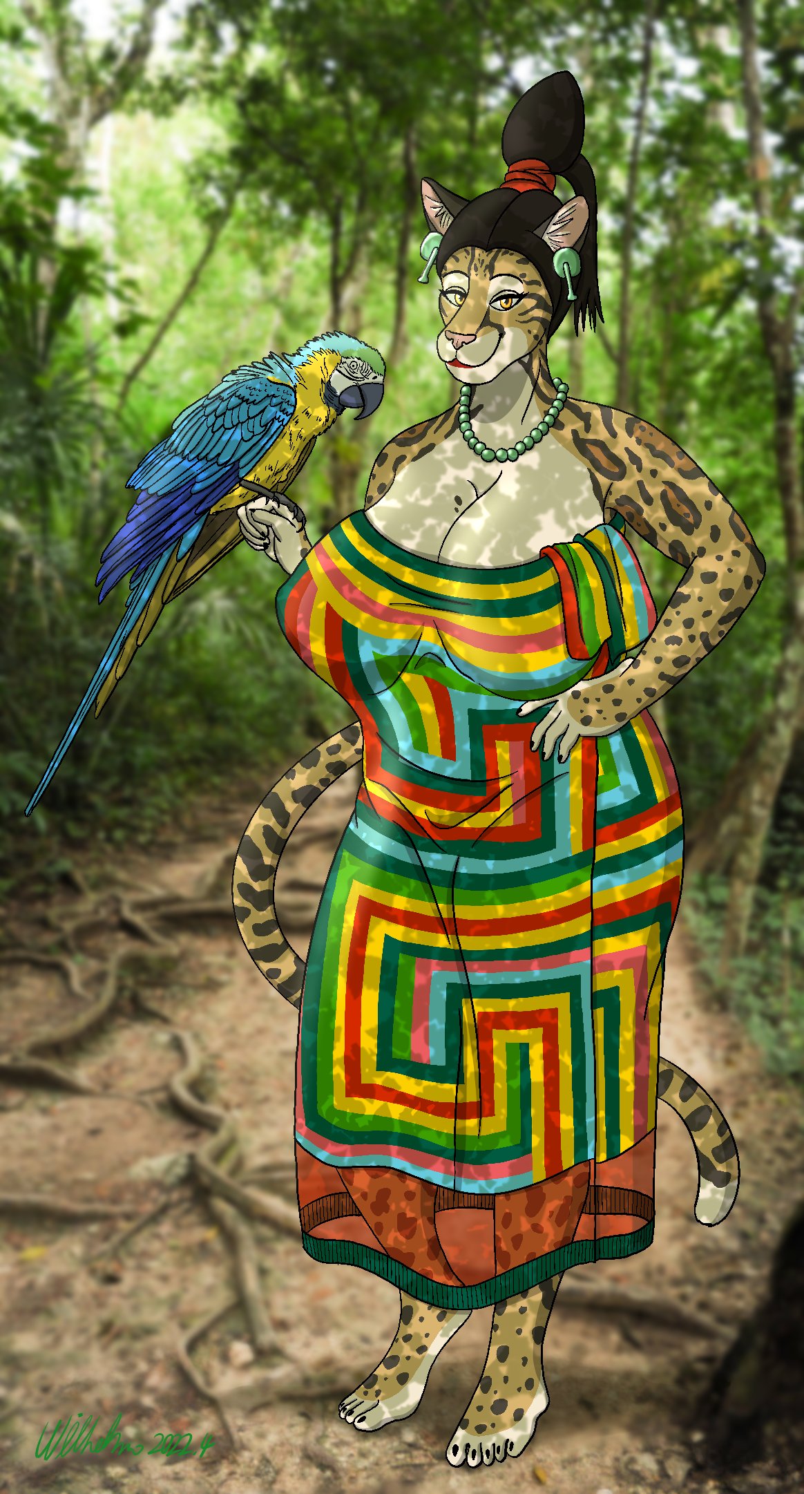 2022 5_fingers 5_toes anthro avian bare_shoulders barefoot big_breasts bird black_hair blue_body blue_feathers breasts cleavage clothed clothing dress ear_piercing feathers feet felid female feral fingers fur hair hi_res humanoid_feet humanoid_hands jaguar jewelry jungle mammal mayan multicolored_body multicolored_feathers necklace ohs688 outside pantherine parrot piercing signature smile solo spots spotted_body spotted_fur standing tan_body tan_fur toes two_tone_body two_tone_feathers yellow_body yellow_feathers