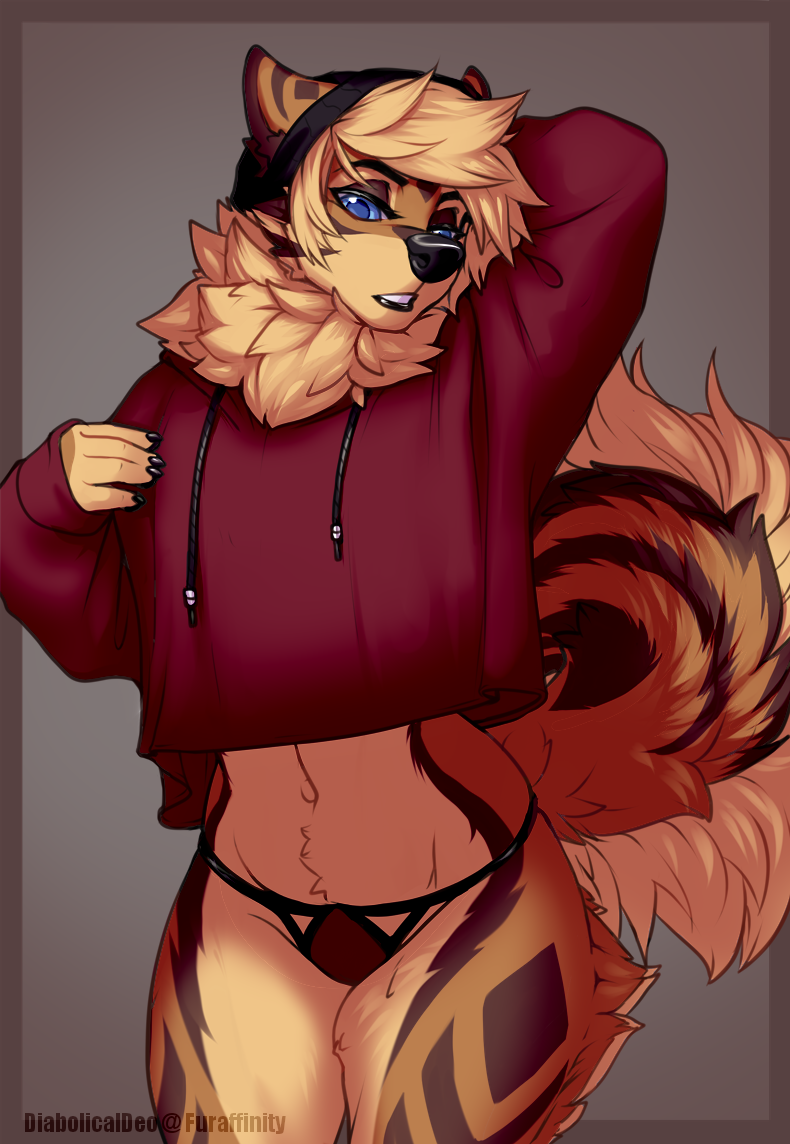 andromorph anthro black_nose blue_eyes canid canine canis clothing crop_top crossgender diabolicaldeo domestic_dog finnish_spitz fluffy fluffy_tail ftm_crossgender intersex kaiken male mammal mixbreed navel panties shirt simple_background solo spitz topwear trans_(lore) underwear