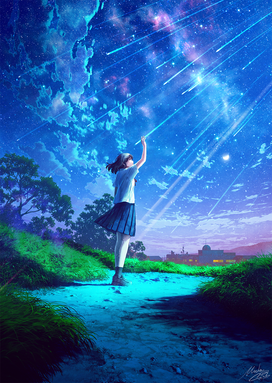 1girl black_hair black_legwear blue_skirt brown_footwear building cloud collared_shirt commentary_request crescent_moon grass highres loafers long_hair looking_away meteor_shower mocha_(cotton) moon night night_sky original outdoors parted_lips pleated_skirt shirt shoes short_sleeves signature skirt sky socks solo standing star_(sky) starry_sky tree white_shirt window