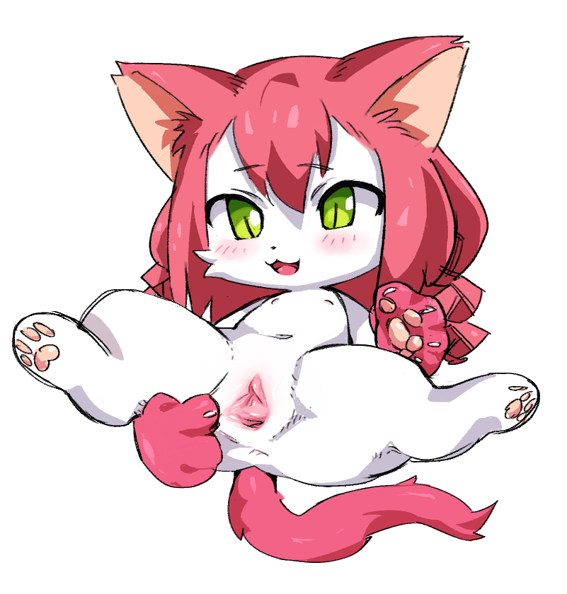 cat_busters domestic_cat felid feline felis female flat_chested genitals green_eyes hair kirichiiii lying mammal neko_hakase nude on_back pawpads paws pink_hair pussy semi-anthro solo spread_legs spreading