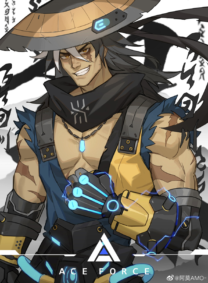 1boy amo_(amo9612) artist_name bara bare_pectorals biceps chinese_hat clenched_hand electricity fang gauntlets gloves grey_hair japanese_clothes jewelry kimono long_hair looking_at_viewer male_focus manly mature_male multicolored_hair muscular muscular_male necklace original pectorals scar scar_across_eye scar_on_arm scar_on_stomach scarf sleeveless smirk solo text_focus thick_arms thick_eyebrows tube upper_body white_hair yellow_eyes yukata