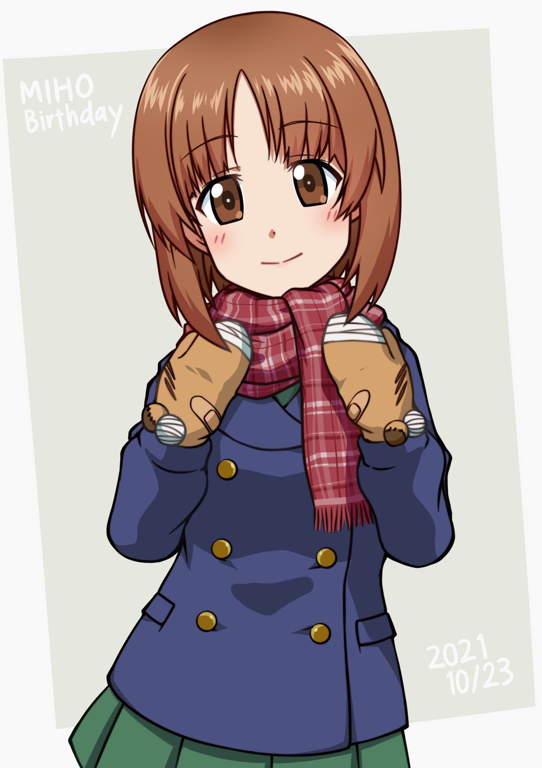 1girl animal_print bangs bear_print birthday boko_(girls_und_panzer) brown_eyes brown_hair brown_mittens buttons character_name closed_mouth commentary cowboy_shot dated double-breasted english_text eyebrows_visible_through_hair fringe_trim girls_und_panzer goriate green_skirt grey_background highres jacket long_sleeves looking_at_viewer miniskirt nishizumi_miho ooarai_school_uniform outside_border plaid plaid_scarf pleated_skirt red_scarf scarf school_uniform short_hair skirt smile solo standing winter_uniform