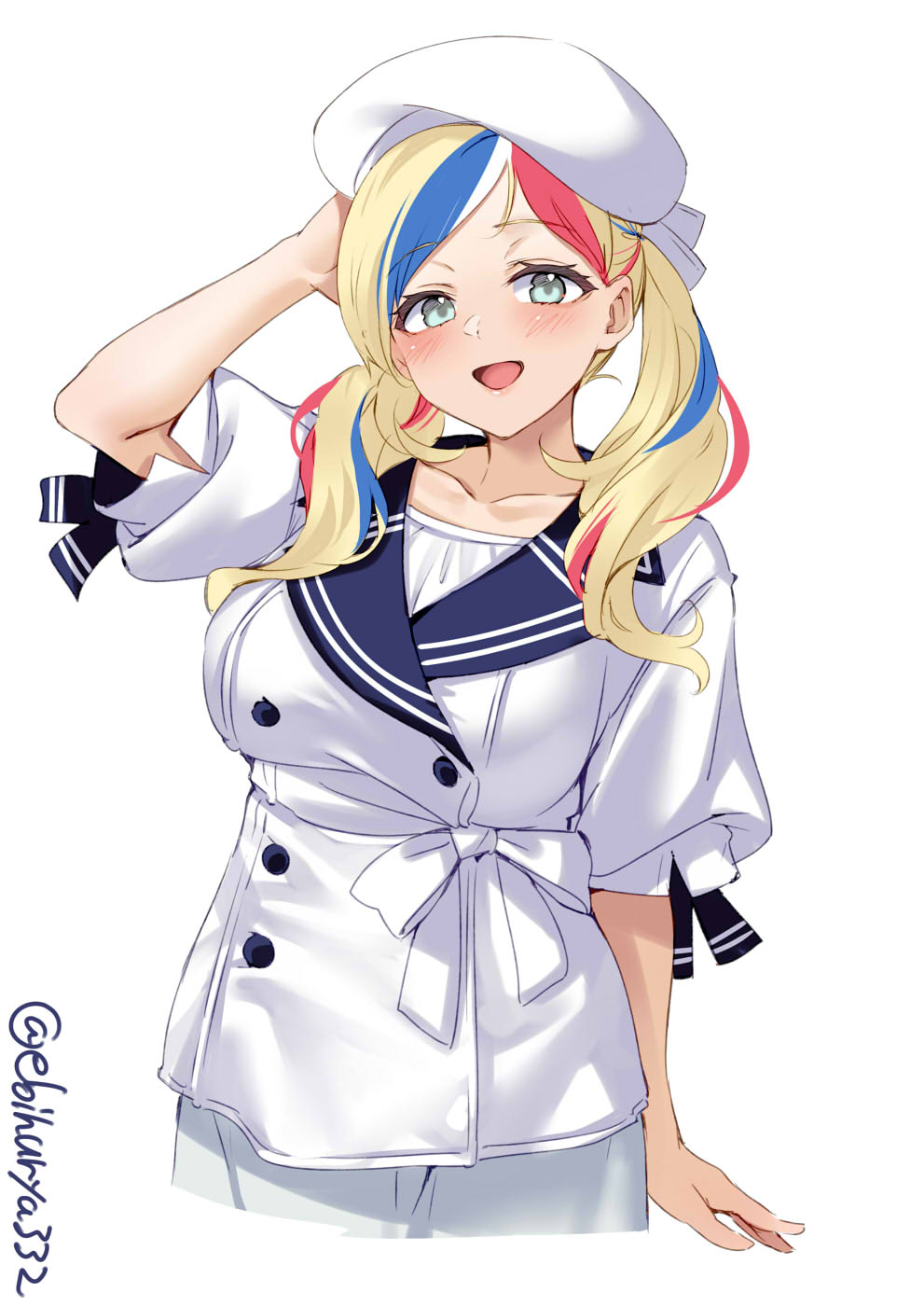 1girl alternate_costume alternate_hairstyle aqua_eyes arm_behind_head beret blonde_hair blouse blue_hair breasts collarbone commandant_teste_(kancolle) cowboy_shot ebifurya eyebrows_visible_through_hair grey_skirt hat highres kantai_collection long_hair medium_breasts multicolored_hair one-hour_drawing_challenge open_mouth puffy_sleeves red_hair short_sleeves simple_background skirt smile solo streaked_hair twintails twitter_username wavy_hair white_background white_blouse white_hair