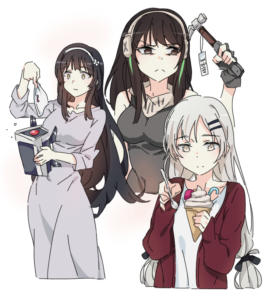 3girls black_hair breasts brown_eyes commentary contemporary dinergate_(girls'_frontline) dress eyebrows_visible_through_hair food frown girls'_frontline green_hair grey_eyes hair_ornament hair_ribbon hairband hairclip hammer headgear holding holding_clothes holding_food holding_hammer holding_panties holding_spoon holding_underwear ice_cream ice_cream_cone korean_commentary large_breasts m4a1_(girls'_frontline) multicolored_hair multiple_girls panties price_tag ribbon robot sidarim simple_background sleeveless spoon streaked_hair svd_(girls'_frontline) twintails type_95_(girls'_frontline) underwear upper_body white_background white_hair white_panties yellow_eyes