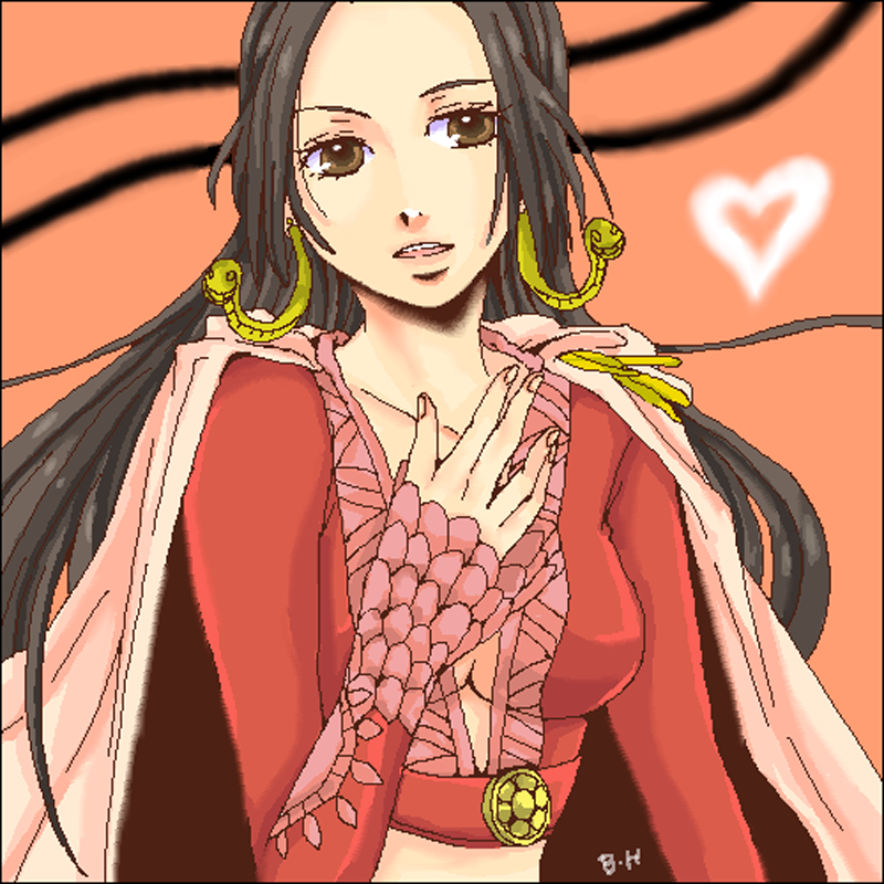 1girl amazon black_hair boa_hancock brown_eyes cape earrings female heart jacket jewelry long_hair one_piece red_jacket shichibukai solo