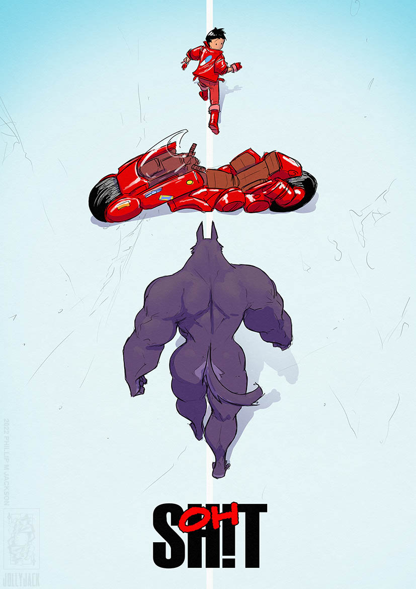 akira_(film) anthro butt canid canine clothed clothing conditional_dnp english_text human jollyjack male mammal motorcycle muscular muscular_anthro nude profanity rear_view size_difference smaller_human text vehicle