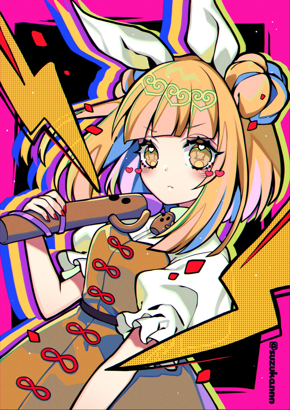 1girl bangs belt black_background blonde_hair blue_background blush bow breasts brown_belt brown_dress closed_mouth double_bun dress dress_bow eyebrows_visible_through_hair eyelashes fingernails green_background hair_ribbon hand_up haniwa_(statue) heart highres joutouguu_mayumi kyouda_suzuka lightning_bolt_symbol long_fingernails looking_at_viewer medium_breasts multicolored_background nail_polish orange_background pink_background polearm puffy_short_sleeves puffy_sleeves purple_background red_bow red_nails ribbon shadow shirt short_hair short_sleeves signature solo spear standing touhou weapon white_ribbon white_shirt wrapper yellow_eyes