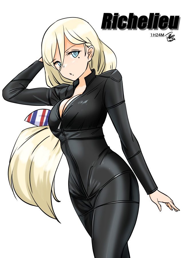 1girl arm_behind_head bangs biker_clothes bikesuit black_bodysuit blonde_hair blue_eyes blush bodysuit breasts character_name cleavage cowboy_shot dutch_angle hair_between_eyes kantai_collection large_breasts long_bangs long_hair long_sleeves looking_at_viewer low-tied_long_hair mole mole_under_eye mole_under_mouth partially_unzipped pouty_lips richelieu_(kancolle) signature simple_background skin_tight tsukino_murakumo white_background