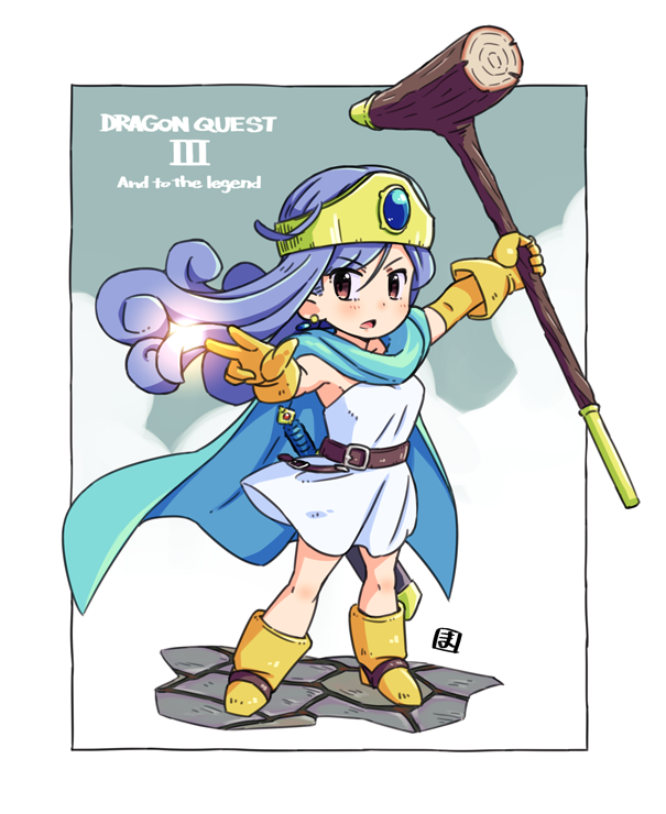 1girl bangs blue_cape blue_eyes boots border cape character_request dragon_quest dragon_quest_iii dress elbow_gloves full_body gloves hammer holding holding_hammer long_hair looking_at_viewer magic mawaru_(mawaru) purple_eyes sheath sheathed solo standing strapless strapless_dress sword weapon white_border white_dress yellow_footwear yellow_gloves