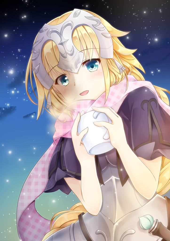 1girl :d armor armored_dress bangs blonde_hair blue_eyes blush commentary_request cup dress eyebrows_visible_through_hair fate/apocrypha fate_(series) hands_up headpiece holding holding_cup iris_yayoi jeanne_d'arc_(fate) long_hair looking_at_viewer mug night night_sky open_mouth outdoors pink_scarf plaid plaid_scarf purple_dress scarf short_sleeves sky smile solo star_(sky) starry_sky upper_body very_long_hair