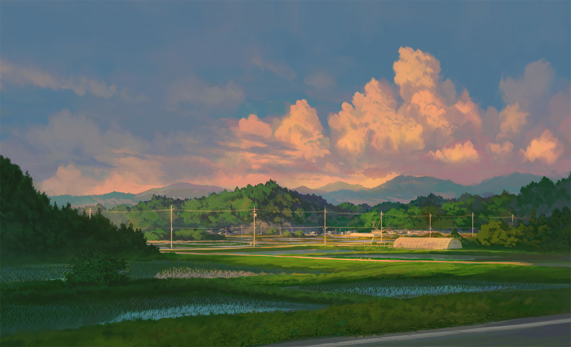 blue_sky building cloud evening feel_(nasitaki) field forest landscape mountainous_horizon nature no_humans original power_lines rice_paddy road rural scenery sky summer tree utility_pole