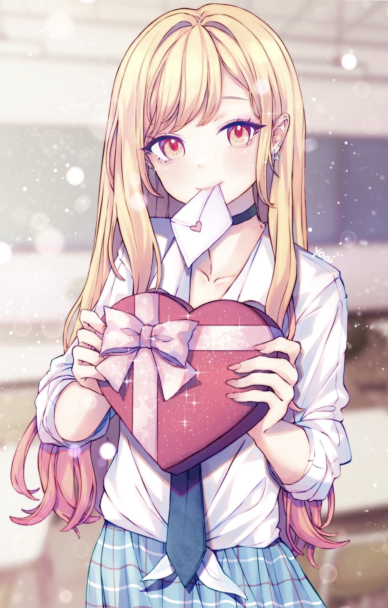 1girl anny_(yoai) artist_name bangs blonde_hair blue_necktie blue_skirt blurry blurry_background blush bow box breasts choker classroom collared_shirt cowboy_shot day ear_piercing earrings english_commentary gift gradient_hair heart heart-shaped_box highres holding holding_gift holding_heart incoming_gift indoors jewelry kitagawa_marin light_particles long_hair looking_at_viewer love_letter mouth_hold multicolored_hair necktie piercing pink_bow plaid plaid_skirt pleated_skirt red_eyes red_hair school_uniform shirt skirt smile solo sono_bisque_doll_wa_koi_wo_suru sparkle streaked_hair swept_bangs tied_shirt valentine white_shirt