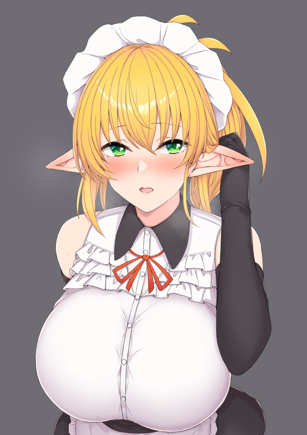 1girl black_gloves blonde_hair blush breasts elbow_gloves elf etan14 gloves green_eyes grey_background heavy_breathing highres large_breasts long_hair maid maid_headdress original pointy_ears simple_background sleeveless solo upper_body