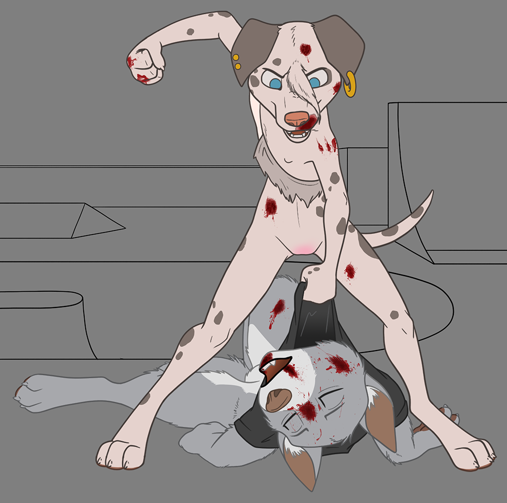 anthro blood bodily_fluids bottomless canid canine canis clothed clothing domestic_dog duo ear_piercing ear_ring female male mammal misterpickleman piercing punch scar torn_clothing violence