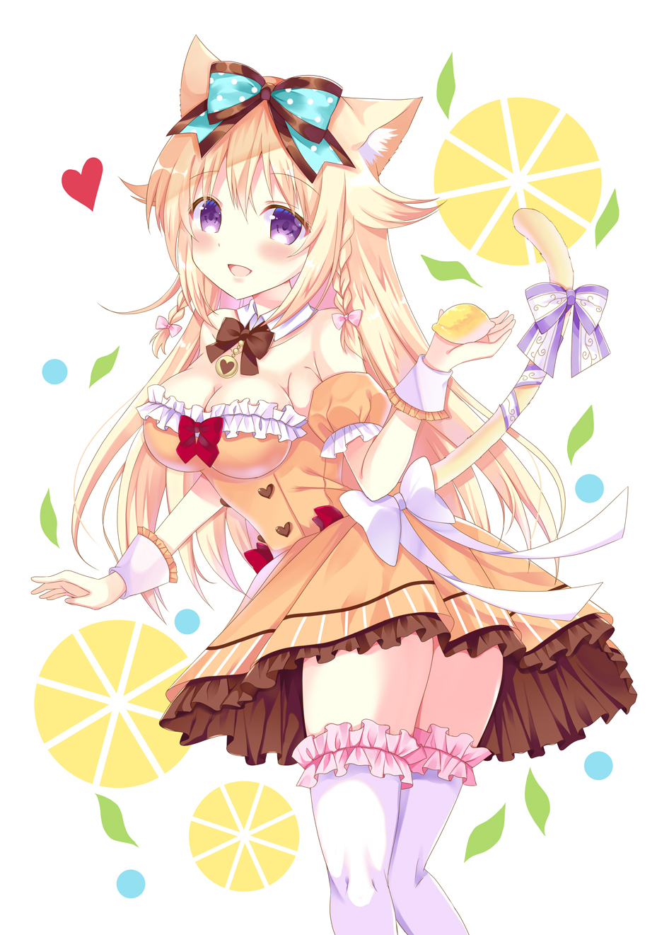 1girl :d animal_ears bitter_crown blonde_hair blush cat_ears cat_girl cat_tail dress food frills fruit hair_ribbon heart highres holding holding_food holding_fruit lemon_print long_hair open_mouth original purple_eyes ribbon smile solo tail tail_ornament tail_ribbon thighhighs yellow_dress