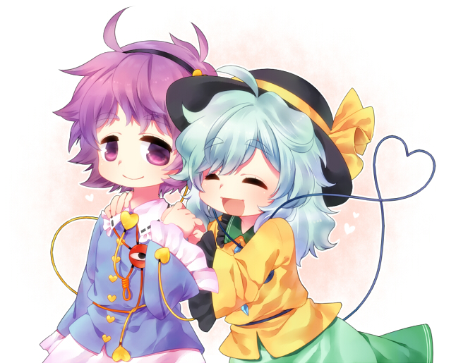 2girls :d ahoge arm_at_side black_hairband black_headwear blouse blue_blouse blush buttons closed_eyes closed_mouth commentary diamond_button eyebrows_visible_through_hair frilled_shirt_collar frilled_sleeves frills green_hair green_skirt hair_ornament hairband hands_on_another's_shoulders hat hat_ribbon heart heart_button heart_hair_ornament heart_of_string holding_hands kiri_futoshi komeiji_koishi komeiji_satori long_hair long_sleeves looking_at_another multiple_girls pink_skirt purple_eyes purple_hair ribbon ribbon_trim short_hair siblings simple_background sisters skirt smile thick_eyebrows third_eye touhou upper_body wide_sleeves yellow_blouse yellow_ribbon