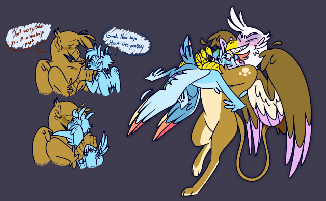 avian blue_body blue_fur blush brown_body brown_feathers dirty_talk dozindoodles embrace equid equine eyes_closed feathers female female/female feral friendship_is_magic fur gilda_(mlp) gryphon hasbro hug kissing larger_female long_tail mammal my_little_pony mythological_avian mythology pegasus rainbow_dash_(mlp) sharp_teeth size_difference smaller_female spread_wings tail_tuft teeth tuft white_body white_feathers wings