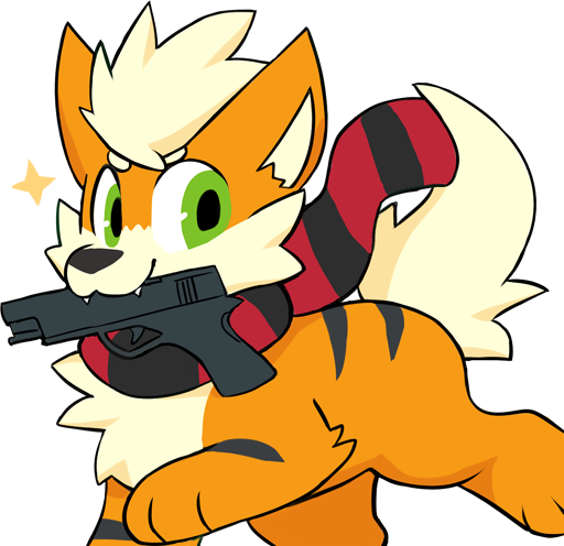 alpha_channel black_stripes blonde_hair cute_expression fangs feral fur green_eyes growlithe gun hair male nintendo orange_body orange_fur pok&eacute;mon pok&eacute;mon_(species) ranged_weapon scarf simple_background solo sticker stripes tanashi transparent_background unknown_artist video_games weapon