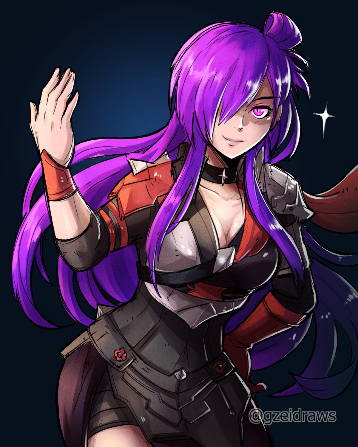 1girl armor asymmetrical_clothes breasts cape cleavage fire_emblem fire_emblem:_three_houses fire_emblem_warriors fire_emblem_warriors:_three_hopes gloves gzei hair_bun hair_over_one_eye highres large_breasts long_hair long_sleeves looking_at_viewer purple_eyes purple_hair shez_(fire_emblem) shez_(fire_emblem)_(female) simple_background single_glove smile solo