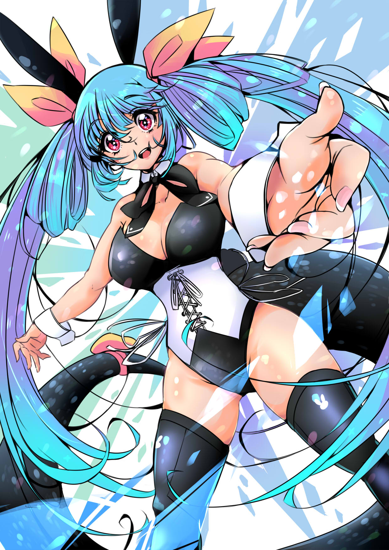 1girl animal_ears animal_print bangs black_bow black_bowtie black_leotard blue_hair blush bow bowtie breasts bunny_print cleavage collar commission corset dizzy_(guilty_gear) fake_animal_ears fingernails groin guilty_gear guilty_gear_xrd hair_between_eyes hair_ribbon hair_rings highres iguana_henshuu-chou large_breasts leotard long_hair monster_girl nail_polish open_mouth outstretched_arm pink_nails playboy_bunny rabbit_ears red_eyes ribbon simple_background skeb_commission skindentation solo tail tail_ornament tail_ribbon thighhighs thighs twintails white_background white_collar wrist_cuffs yellow_ribbon