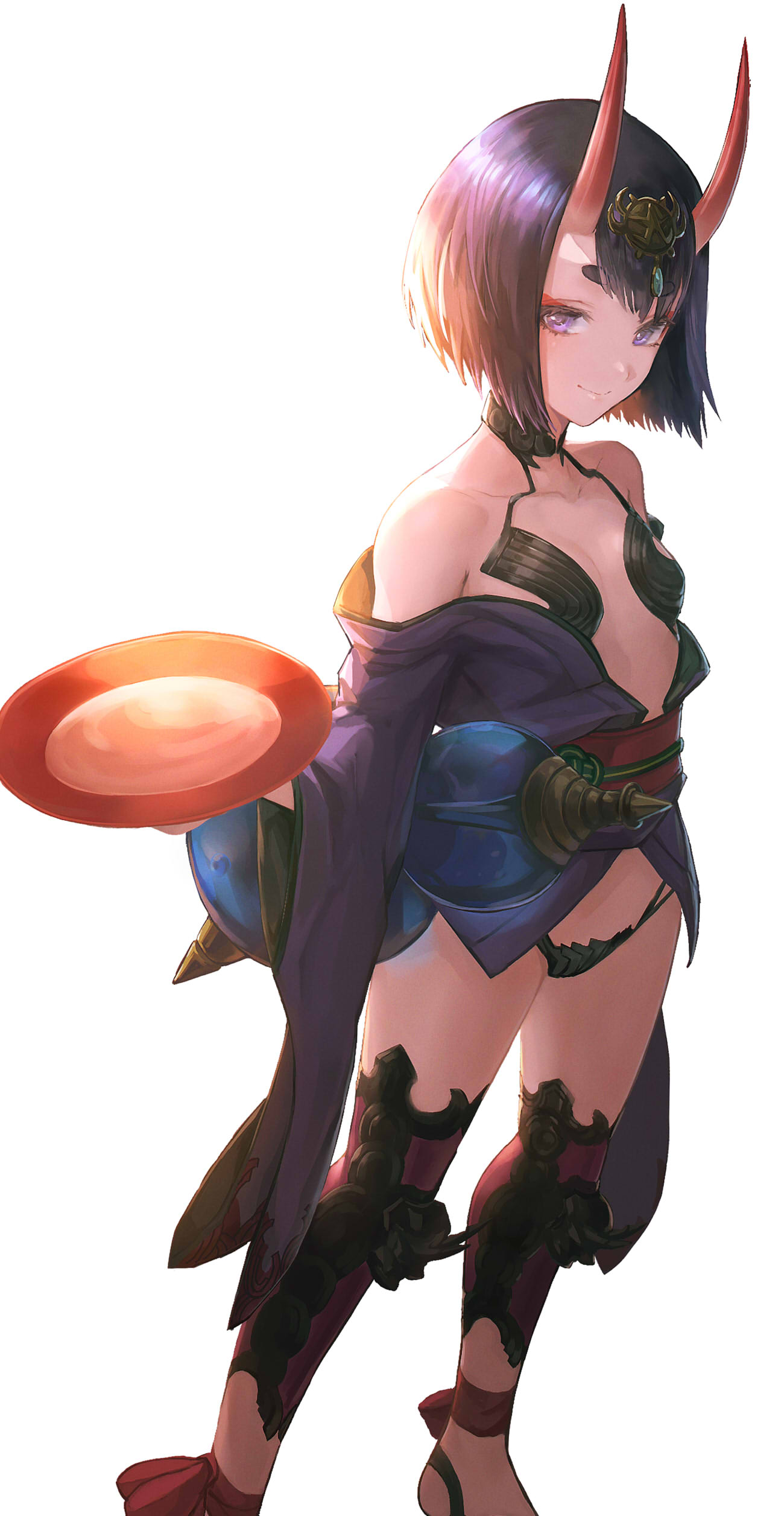 1girl absurdres alcohol ankle_ribbon bangs bare_shoulders barefoot barefoot_sandals blush bob_cut breasts closed_mouth collarbone cup eyeliner fate/grand_order fate_(series) gourd grey_background headpiece highres horns japanese_clothes kimono leg_ribbon legs long_sleeves looking_at_viewer makeup obi off_shoulder oni oni_horns otsukemono purple_eyes purple_hair purple_kimono red_ribbon revealing_clothes ribbon sakazuki sake sash short_eyebrows short_hair short_kimono shuten_douji_(fate) simple_background skin-covered_horns small_breasts smile solo