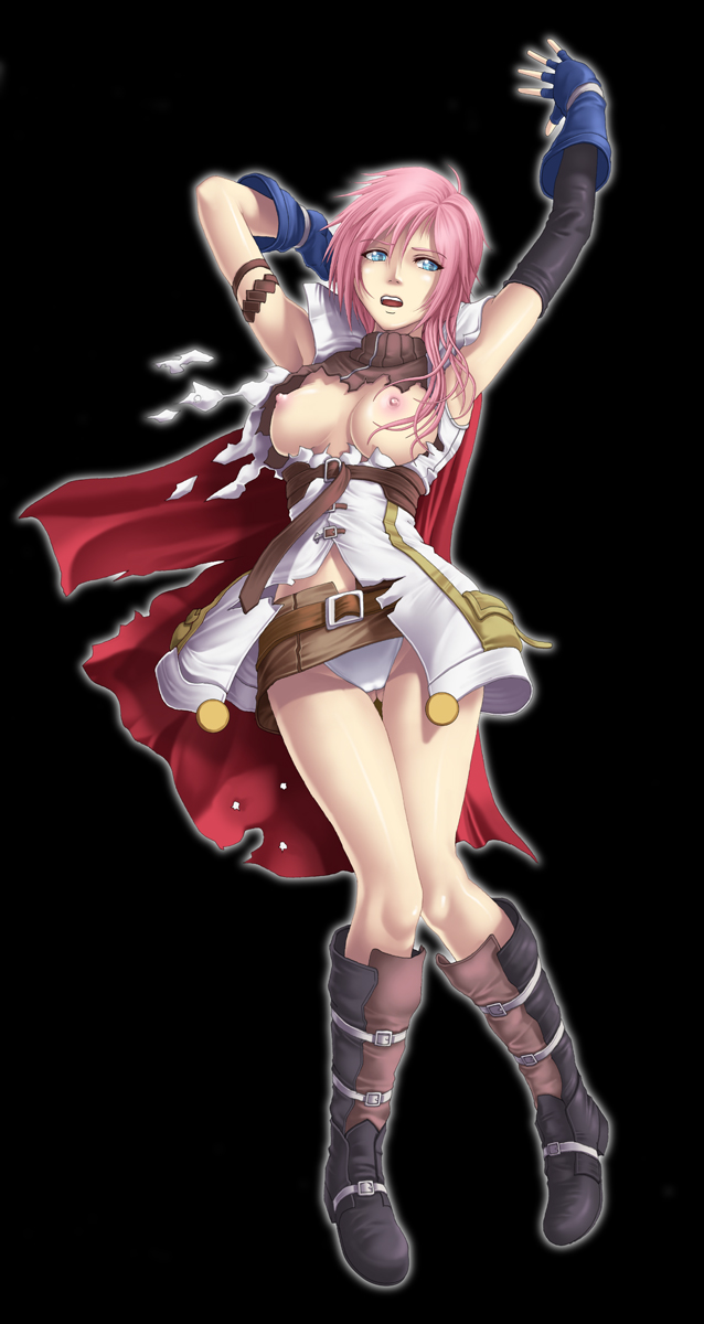 arms_up boots breasts final_fantasy final_fantasy_xiii gloves highres lightning_farron medium_breasts miniskirt nipples panties pink_hair skirt solo thigh_gap torn_clothes underwear