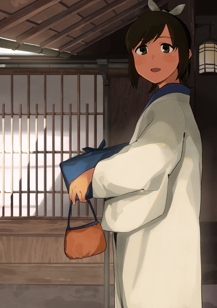 1girl bag banned_artist box brown_eyes brown_hair hair_ribbon handbag haori holding holding_box i-401_(kancolle) indoors japanese_clothes kantai_collection lantern long_sleeves looking_at_viewer makio_(makiomeigenbot) official_alternate_costume parted_lips ribbon solo symbol-only_commentary white_ribbon wide_sleeves