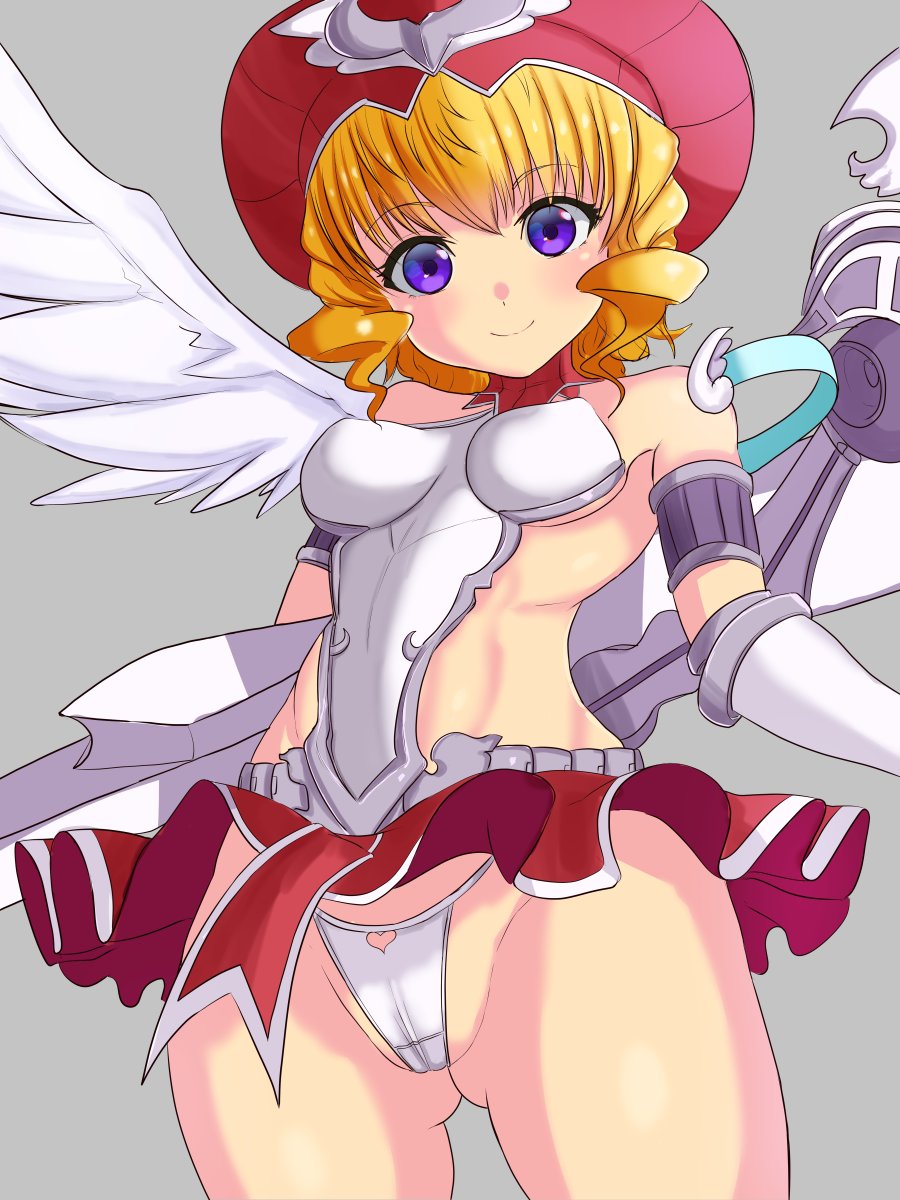 1girl angel_wings armlet armor armored_dress asymmetrical_wings backless_outfit bangs bare_legs bare_shoulders blonde_hair bracer breastplate breasts cameltoe closed_mouth commentary_request covered_nipples crotch_seam groin hat highres karamiso222 laila_(queen's_blade) mechanical_wings medium_breasts no_bra panties purple_eyes queen's_blade queen's_blade_rebellion revealing_clothes short_hair sideboob sideless_outfit skirt smile solo underwear white_panties wind wind_lift winged_hat wings