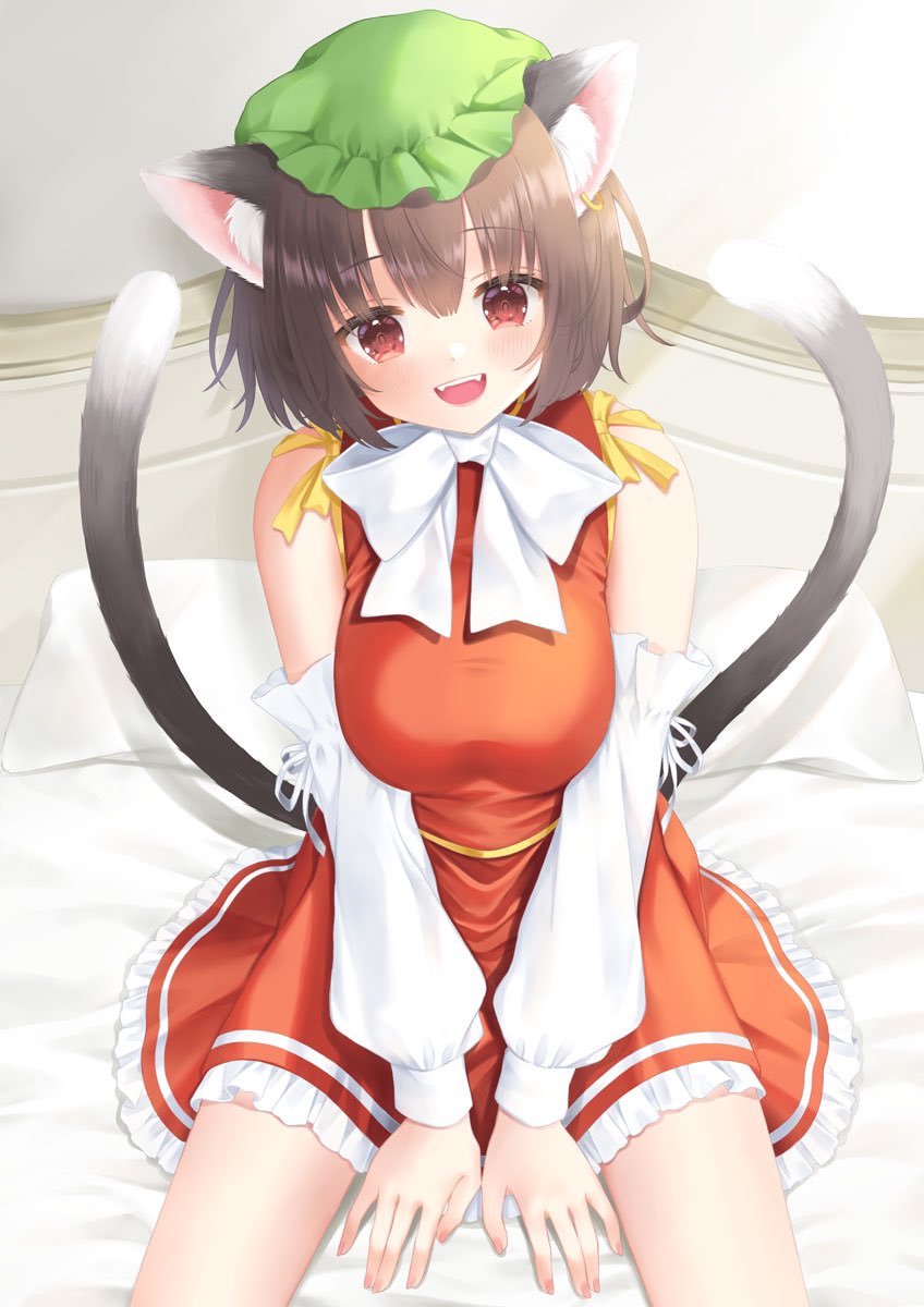 1girl :d \||/ animal_ears bangs bare_shoulders bed bed_sheet blush breasts brown_eyes brown_hair cat_ears cat_tail chen commentary_request detached_sleeves dress earrings fingernails frilled_dress frills green_headwear hat highres jewelry large_breasts multiple_tails open_mouth pillow pillow_hat red_dress ribbon short_hair single_earring sitting smile solo tail teeth touhou two_tails upper_teeth white_ribbon y_na1211