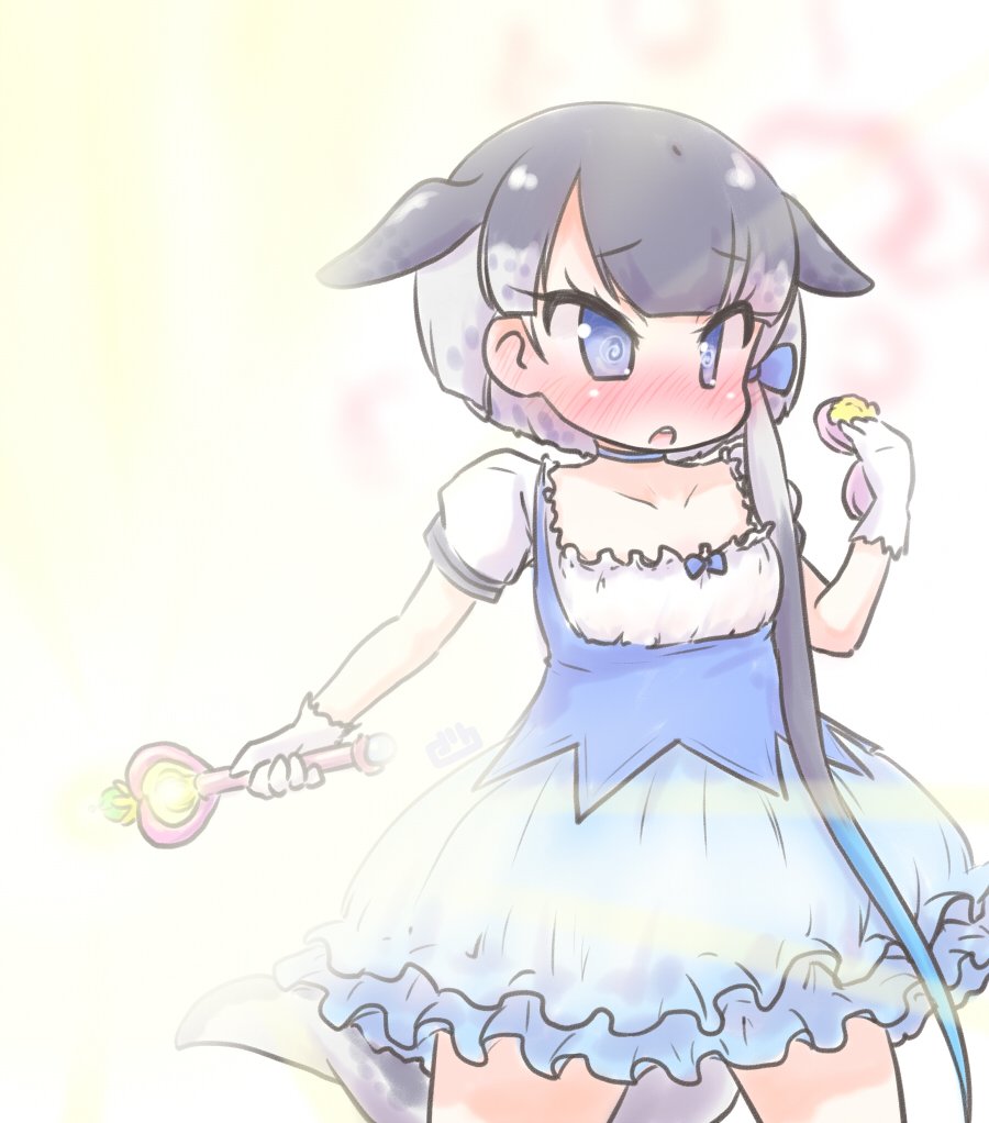 1girl @_@ alternate_costume blowhole blue_bow blue_choker blue_dress blue_eyes blush bow cetacean_tail choker collared_shirt commentary_request cowboy_shot dress dress_bow frilled_dress frills gloves grey_hair hair_bow kemono_friends magical_girl multicolored_hair narwhal_(kemono_friends) puffy_short_sleeves puffy_sleeves shirt short_hair_with_long_locks short_sleeves solo uho_(uhoyoshi-o) wand white_gloves white_hair