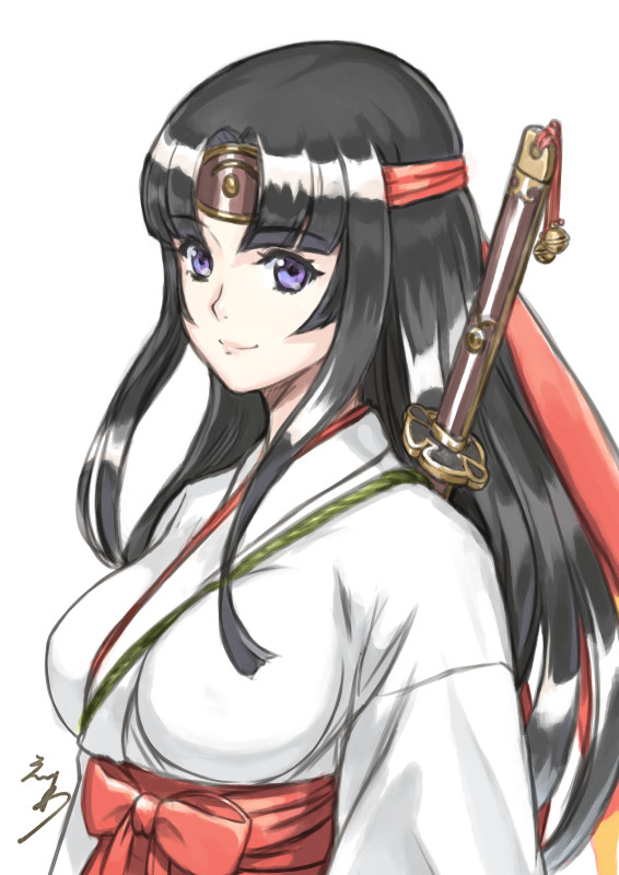 1girl black_hair blush breasts closed_mouth commentary_request covered_nipples eiwa eyebrows_visible_through_hair hakama hakama_skirt headband japanese_clothes katana large_breasts long_hair long_sleeves looking_at_viewer miko musha_miko_tomoe official_art purple_eyes queen's_blade red_hakama red_headband sidelocks signature skirt smile solo sword tomoe upper_body very_long_hair weapon