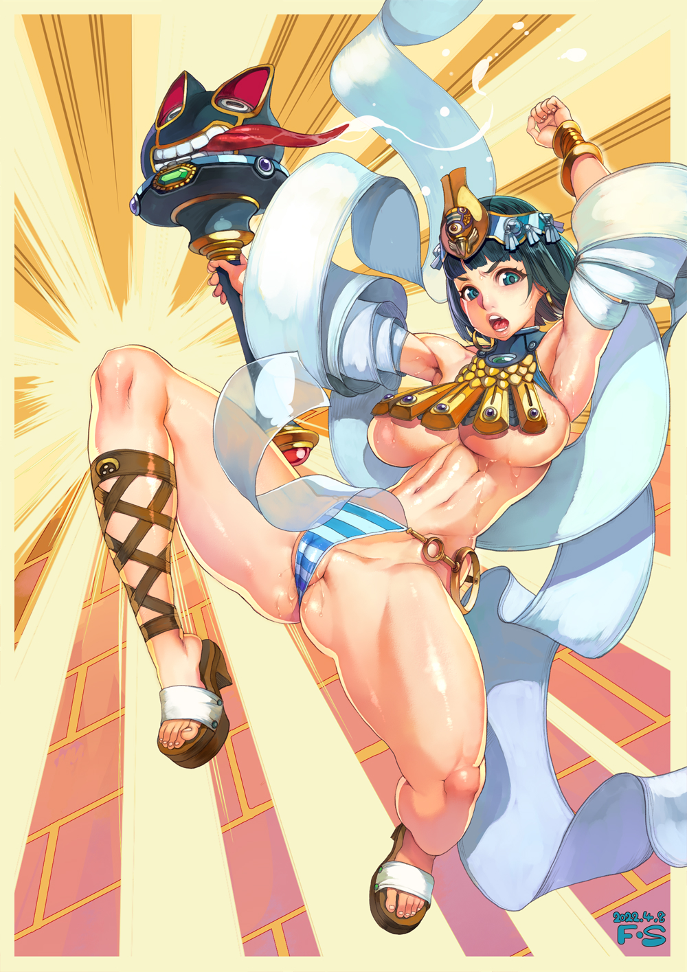 1girl 2022 ancient_princess_menace armpits arms_up artist_name ass_visible_through_thighs attack bangs black_hair blue_eyes blunt_bangs breasts crown dated egyptian_clothes f.s. groin headgear high_heels highres jewelry kicking large_breasts looking_at_viewer menace navel official_art open_mouth panties pelvic_curtain queen's_blade queen's_blade_white_triangle revealing_clothes ring sandals scepter setra shawl short_hair spread_legs striped striped_panties thighs toned tongue tongue_out underboob underwear