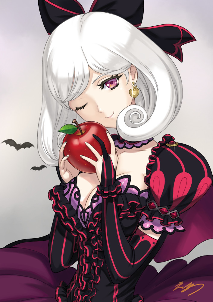 1girl apple bangs bat bow cape capelet commentary_request detached_collar earrings eiwa elbow_gloves eyebrows_visible_through_hair food frills fruit glint gloves hair_bow hair_ornament hair_ribbon hands_up holding jewelry juliet_sleeves layered_skirt long_sleeves looking_at_viewer official_art one_eye_closed puffy_short_sleeves puffy_sleeves purple_eyes queen's_blade queen's_blade_grimoire ribbon short_sleeves skirt smile snow_white_(queen's_blade) solo striped vertical_stripes white_hair