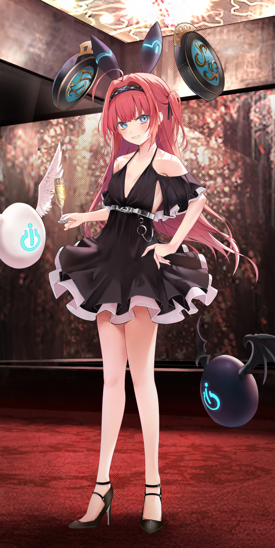 1girl ahoge bangs bare_shoulders black_dress black_footwear black_hairband black_ribbon blue_eyes blush clothing_cutout commentary_request dress eyebrows_behind_hair full_body grin hair_ribbon hairband headgear high_heels highres indoors lishenna_omen_of_destruction long_hair looking_at_viewer pleated_dress power_symbol red_hair ribbon ru_zhai shadowverse shoes shoulder_cutout smile solo standing two_side_up very_long_hair