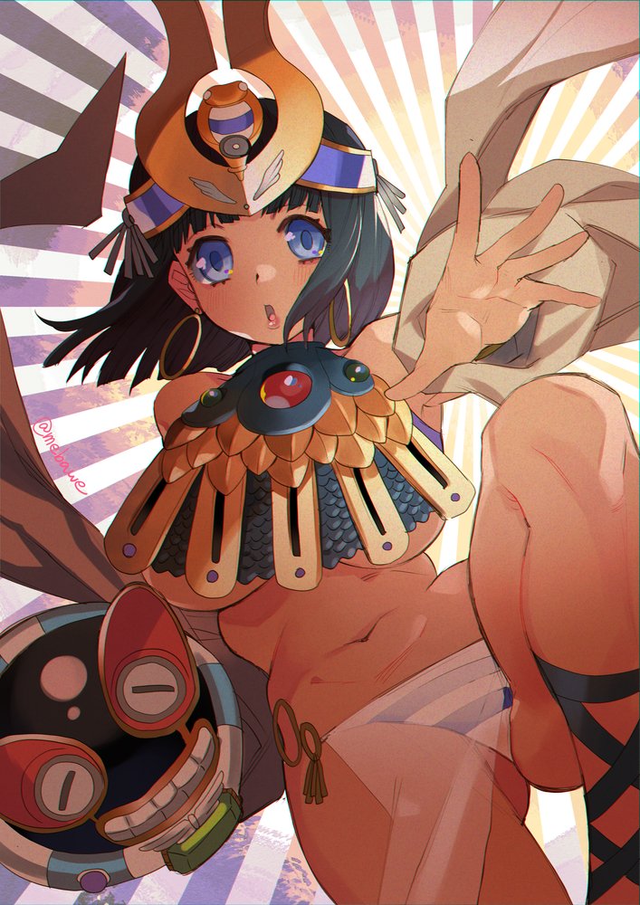 1girl ancient_princess_menace arm_up ass_visible_through_thighs bangs black_hair blue_eyes blunt_bangs breasts commentary_request crown egyptian_clothes groin hayasaka headgear jewelry knee_up large_breasts looking_at_viewer menace navel open_mouth outstretched_arm panties pelvic_curtain queen's_blade revealing_clothes ring sandals scepter setra shawl short_hair striped striped_panties thighs toned underboob underwear