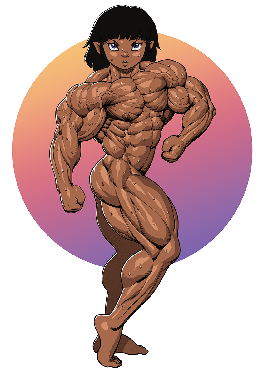 1girl abs black_hair breasts copyright_request dark-skinned_female dark_skin flat_chest looking_at_viewer muscular muscular_female nude pokkuti short_hair small_breasts sweat