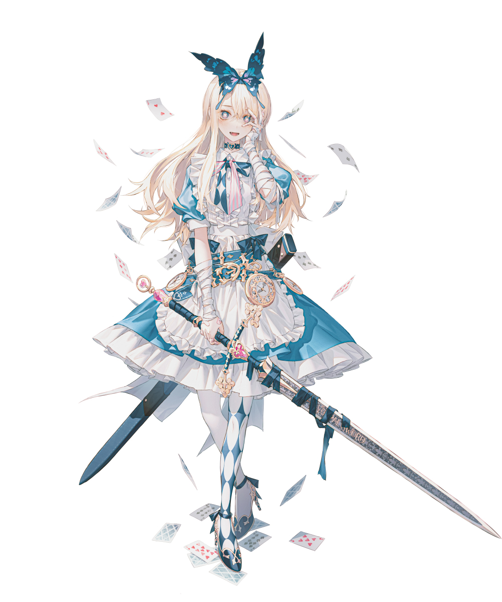 1girl alice_(grimlight) blue_bow blue_dress blue_eyes blue_hairband blush bow butterfly_hair_ornament card dress grimlight hair_ornament hairband hand_on_own_face high_heels highres holding holding_sword holding_weapon looking_at_viewer open_mouth pantyhose playing_card smile solo sword wanke weapon white_background white_legwear