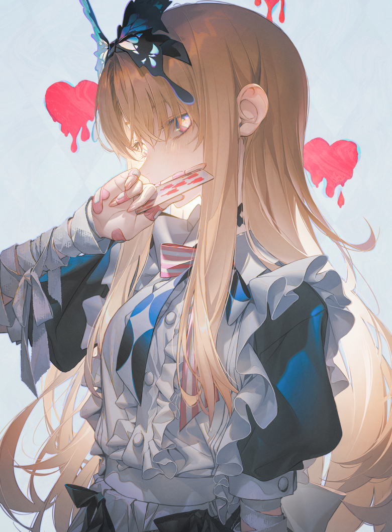 1girl alice_(grimlight) bandaged_arm bandages bandaid bandaid_on_hand bangs blonde_hair blue_background blue_bow blue_dress blue_eyes bow breasts card dress eyebrows_behind_hair grimlight hair_behind_ear heart heart_in_eye holding holding_card long_hair looking_to_the_side pink_nails playing_card small_breasts solo symbol-only_commentary symbol_in_eye upper_body very_long_hair wanke